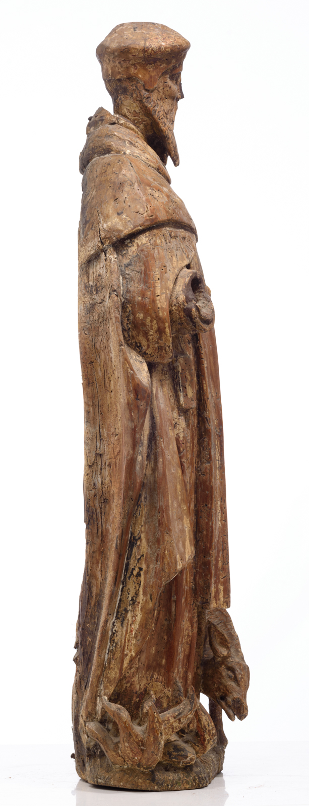 A limewood sculpture of Saint Anthony of Egypt, with traces of polychrome paint, 16thC, probably Sou - Image 4 of 11