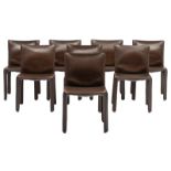 A set of eight cab chairs with dark brown saddle leather upholstery, design by Mario Bellini for Cas