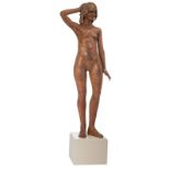Dumortier J., 'Sirene', a patinated terracotta sculpture of a naked standing woman, on a white paint