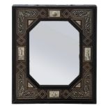 A 19thC ebonized wood and rosewood veneered wall mirror in a 17thC manner, the frame ivory inlaid wi