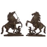 Couston G., the horse tamers, a pair of green patinated bronze sculptures, H 38 cm