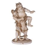 A Japanese patinated ivory group, depicting wrestling oni, signed, Meiji period, H 17,5 cm - weight