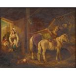 No visible signature (attributed to Georges De Morland), a romantic scene in a stable, oil on panel,