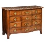 An 18thC French mahogany period regence commode, with gilt bronze mounts and a rouge royal marble to