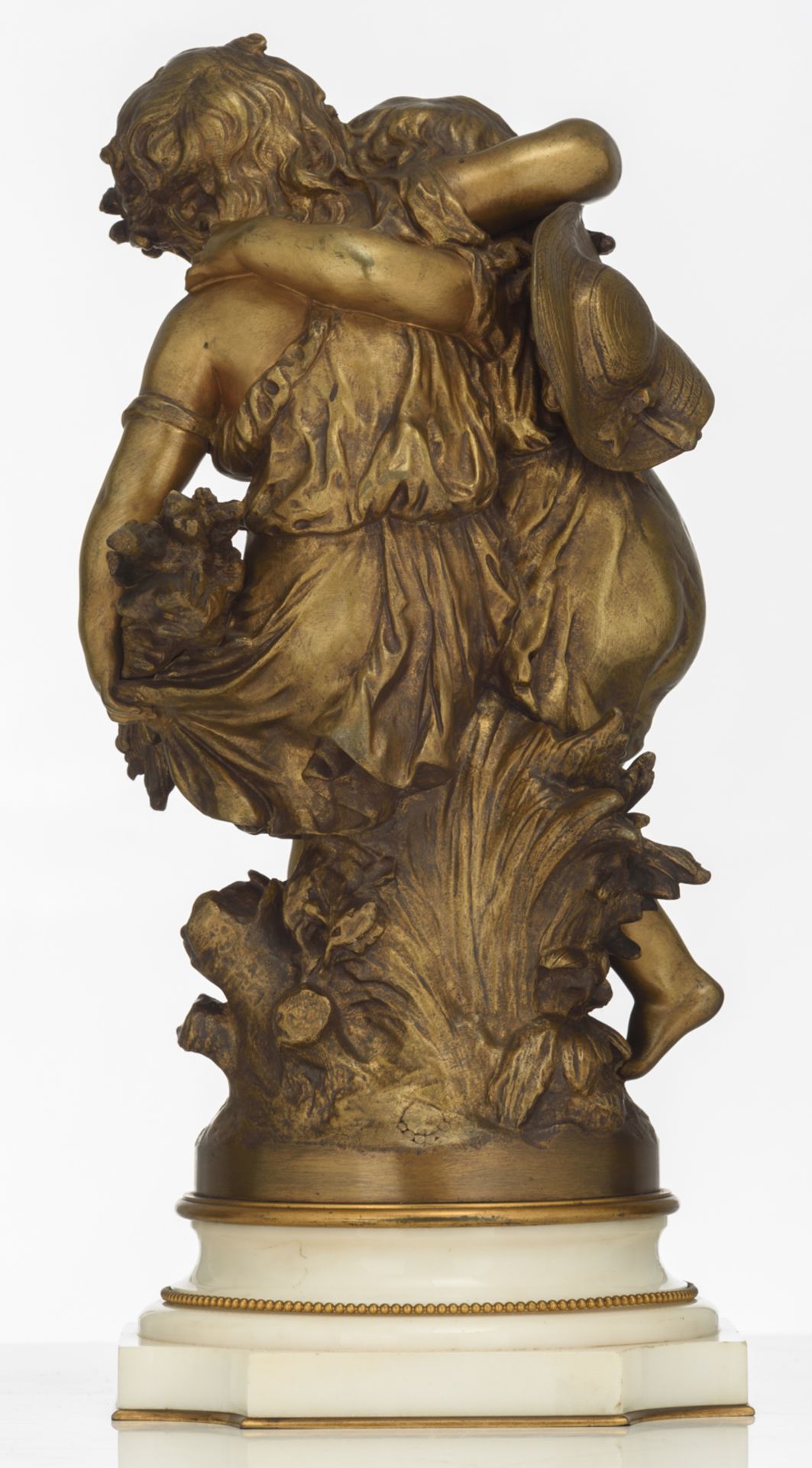 Moreau A., the innocence, patinated bronze on Carrara marble base, H 46 54 cm (with base) - Image 3 of 6