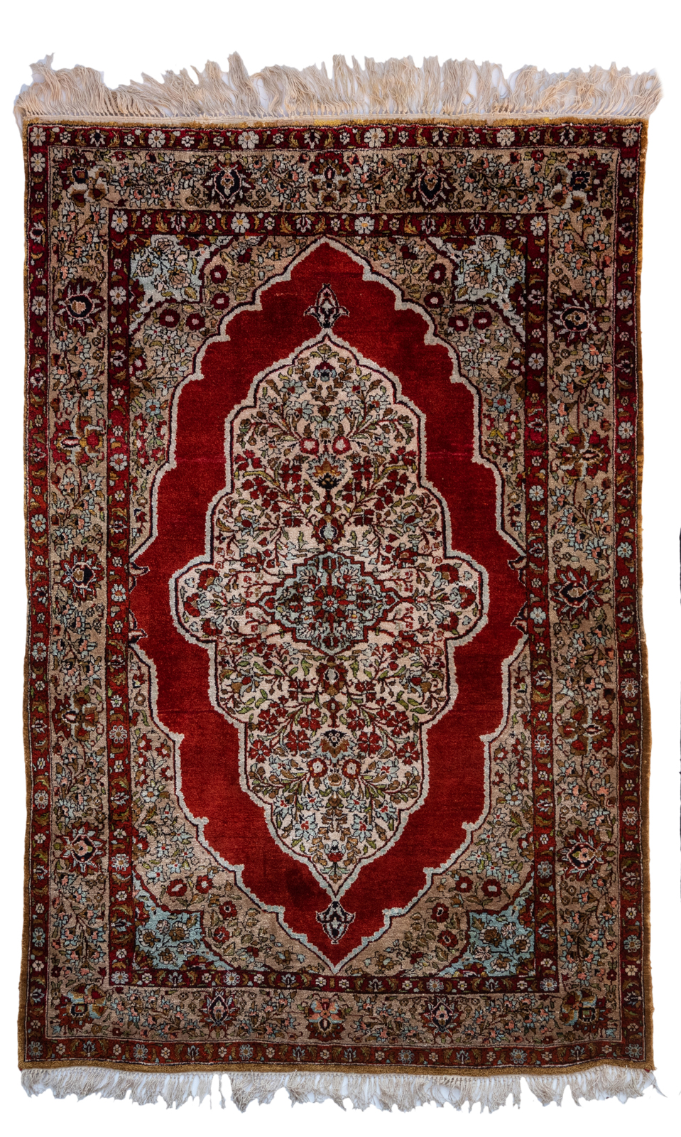 An Oriental silk rug, decorated with floral motifs, 147 x 100 cm