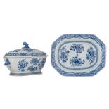 A Chinese blue and white octagonal tureen and cover on a matching deep plate, decorated with flowers