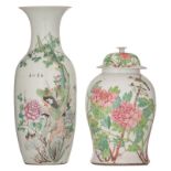 A Chinese famille rose vase and a ditto vase and cover, both items decorated with flowers and birds