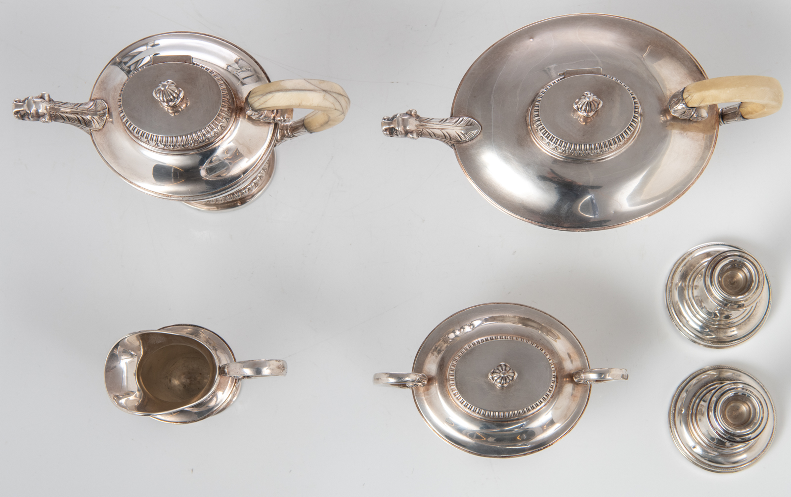 A German four-piece Neoclassical silver 925/000 coffee and tea set with ivory handles, on a matching - Image 26 of 34