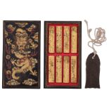 A Chinese exotic hardwood laissez-passer; added a set of gilt painted inksticks in a lacquered 'drag