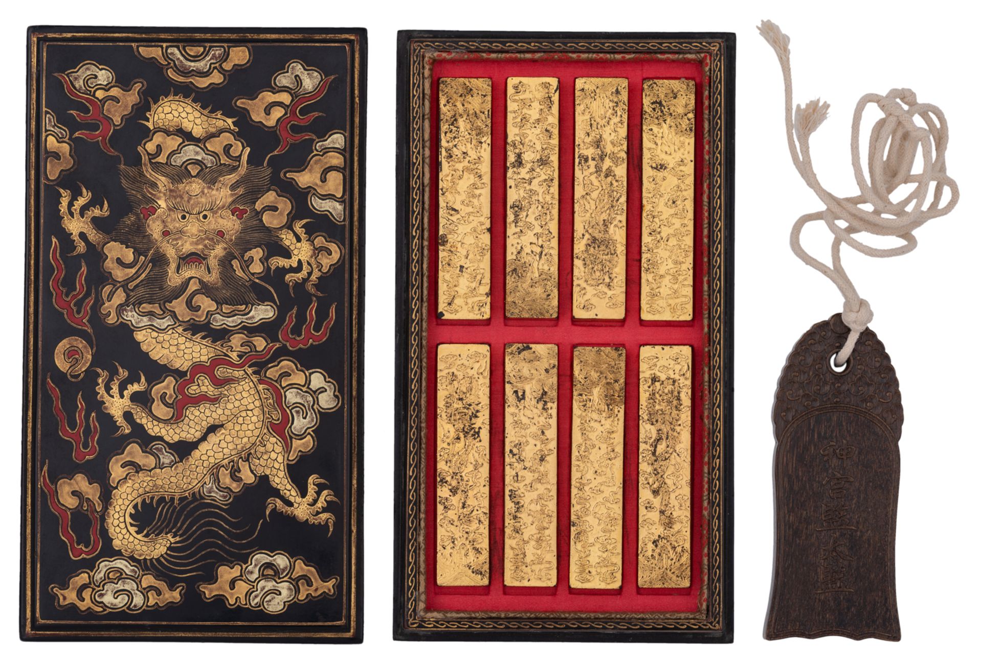 A Chinese exotic hardwood laissez-passer; added a set of gilt painted inksticks in a lacquered 'drag