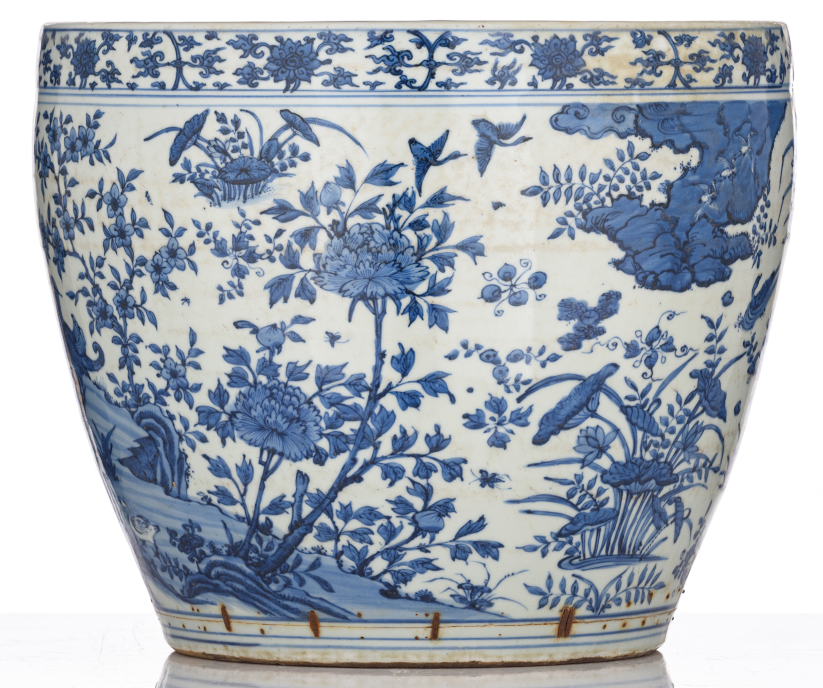 A Chinese blue and white jardiniere, all-over decorated with flowers and birds in a river landscape, - Image 4 of 7