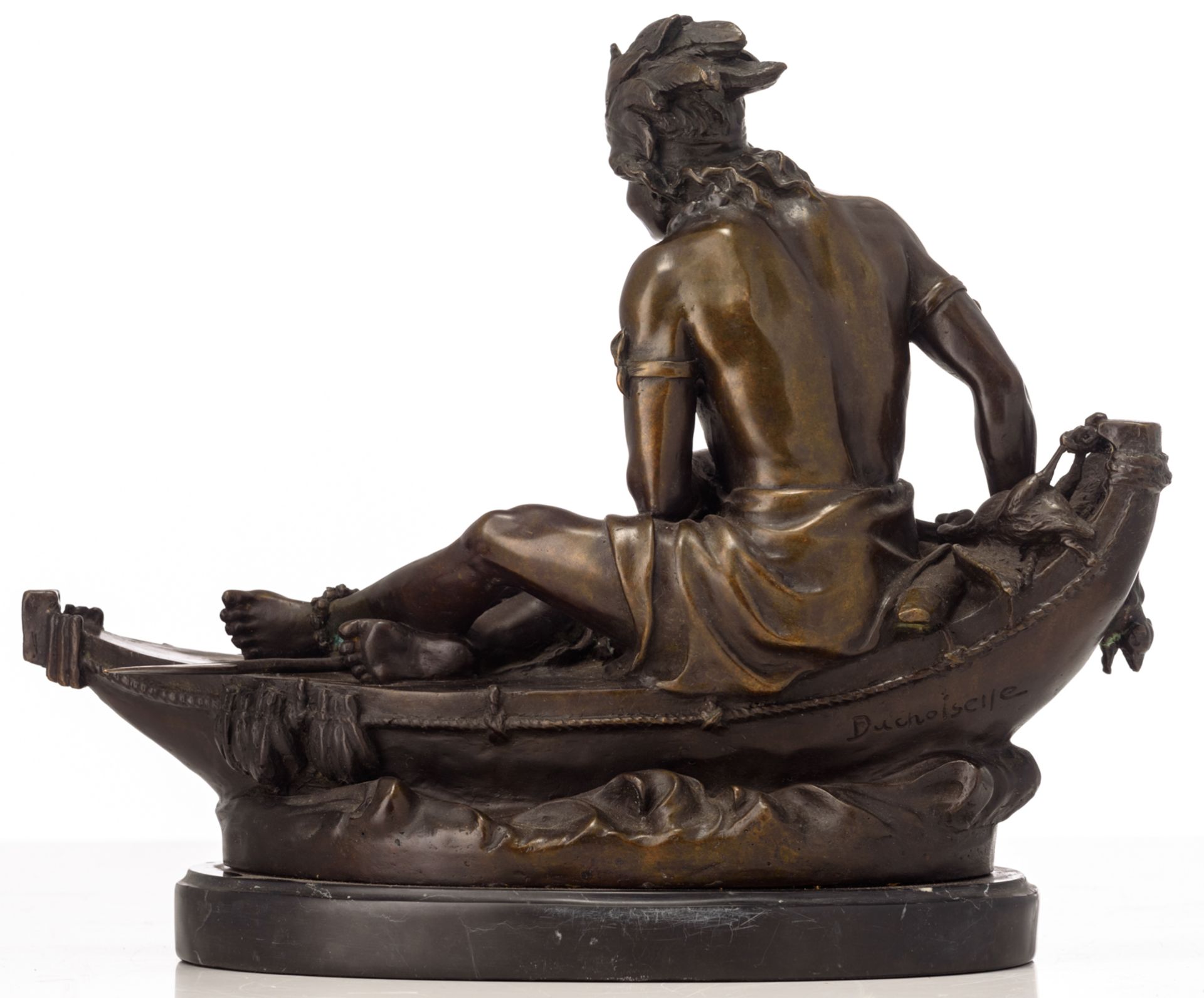 Duchoiselle, a hunting Indian on a canoe, patinated bronze on a noir Belge marble base, H 27,5 - 30, - Bild 4 aus 7