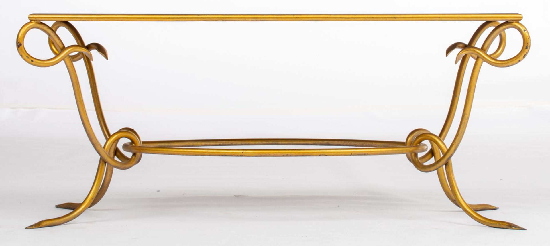 A gilt wrought iron coffee table with a mirrored top, in the manner of René Drouet, the underside of - Image 2 of 8