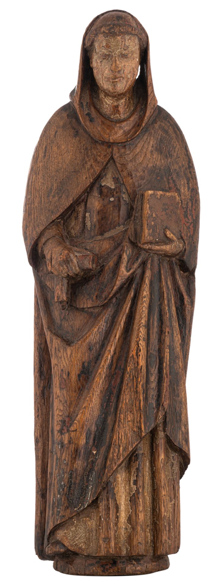 An oak standing figure of a founder of a monastic order,  with traces of bolus and polychrome paint,