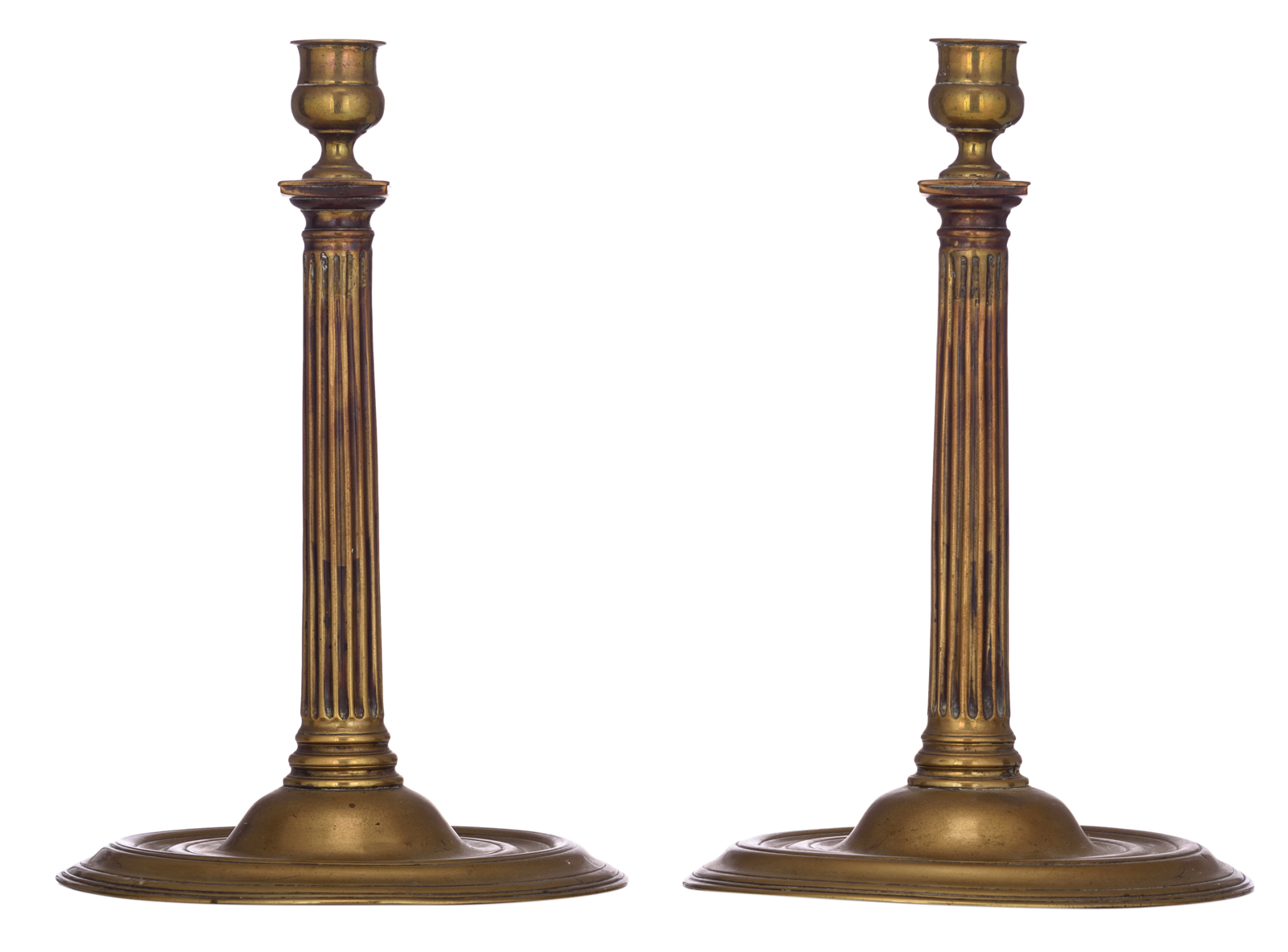 A rare pair of French bronze Henri II-type column candlesticks, 17thC, H 29,5 ø 19,5 cm