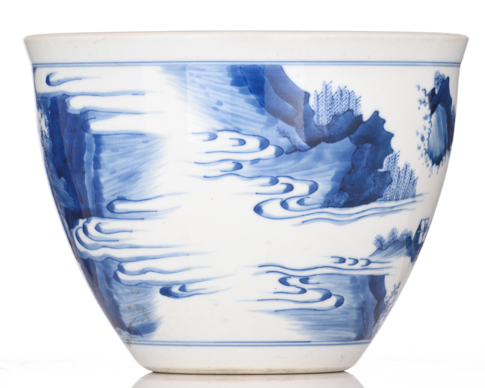 A Chinese transitional type blue and white jardiniere, decorated with figures, on a matching hardwoo - Image 5 of 9