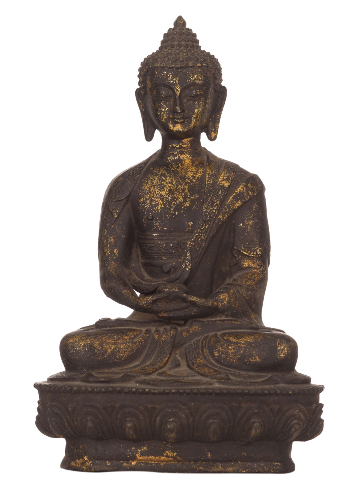 An Oriental gilt decorated bronze figure, depicting a meditating seated Buddha, on a lotus base, H 2