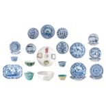 Various Chinese blue and white decorated Kangxi and Kangxi style cups and saucers, some marked, and