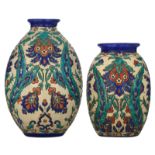 Two cracked earthenware 'Iznik' vases, both marked Keramis, atelier Catteau, H 24 - 31 cm