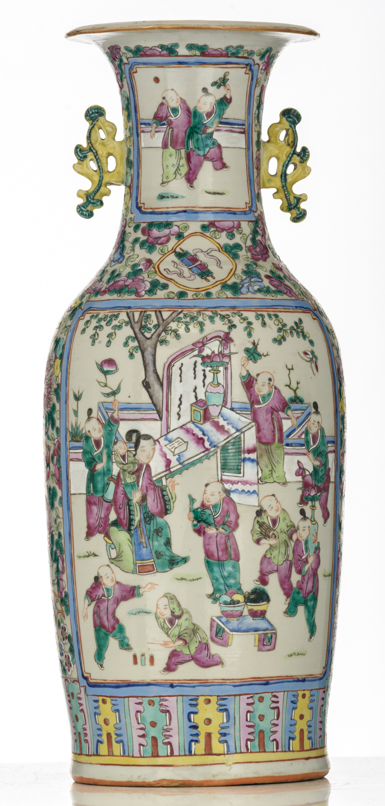 A Chinese famille rose vase, all-over decorated with animated scenes, H 60,5 cm - Image 3 of 6