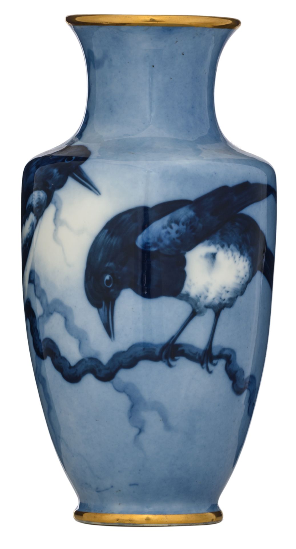 A hand painted Japonism soft-porcelain vase, blue and white decorated with magpies on a branch, sign