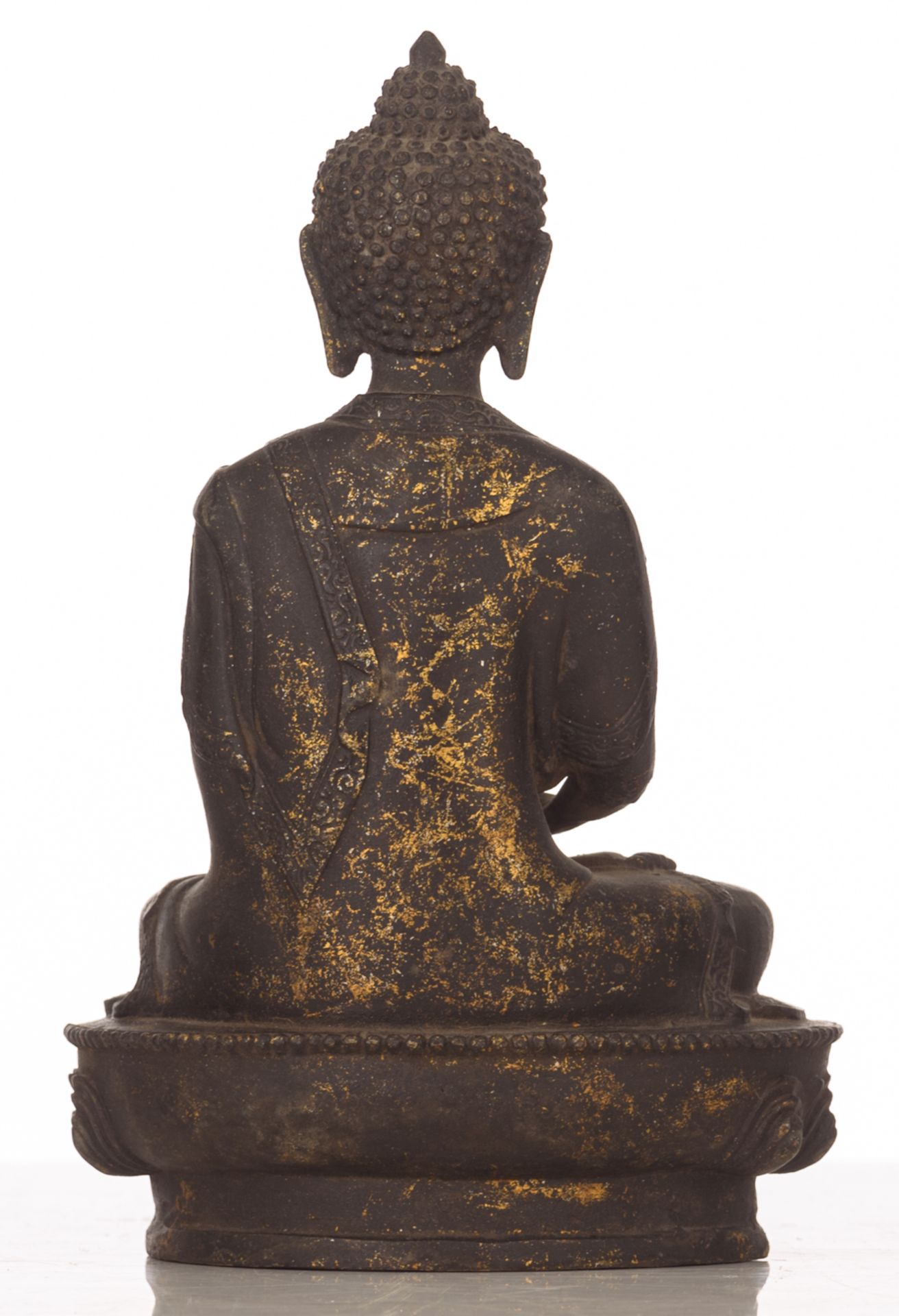 An Oriental gilt decorated bronze figure, depicting a meditating seated Buddha, on a lotus base, H 2 - Image 3 of 5