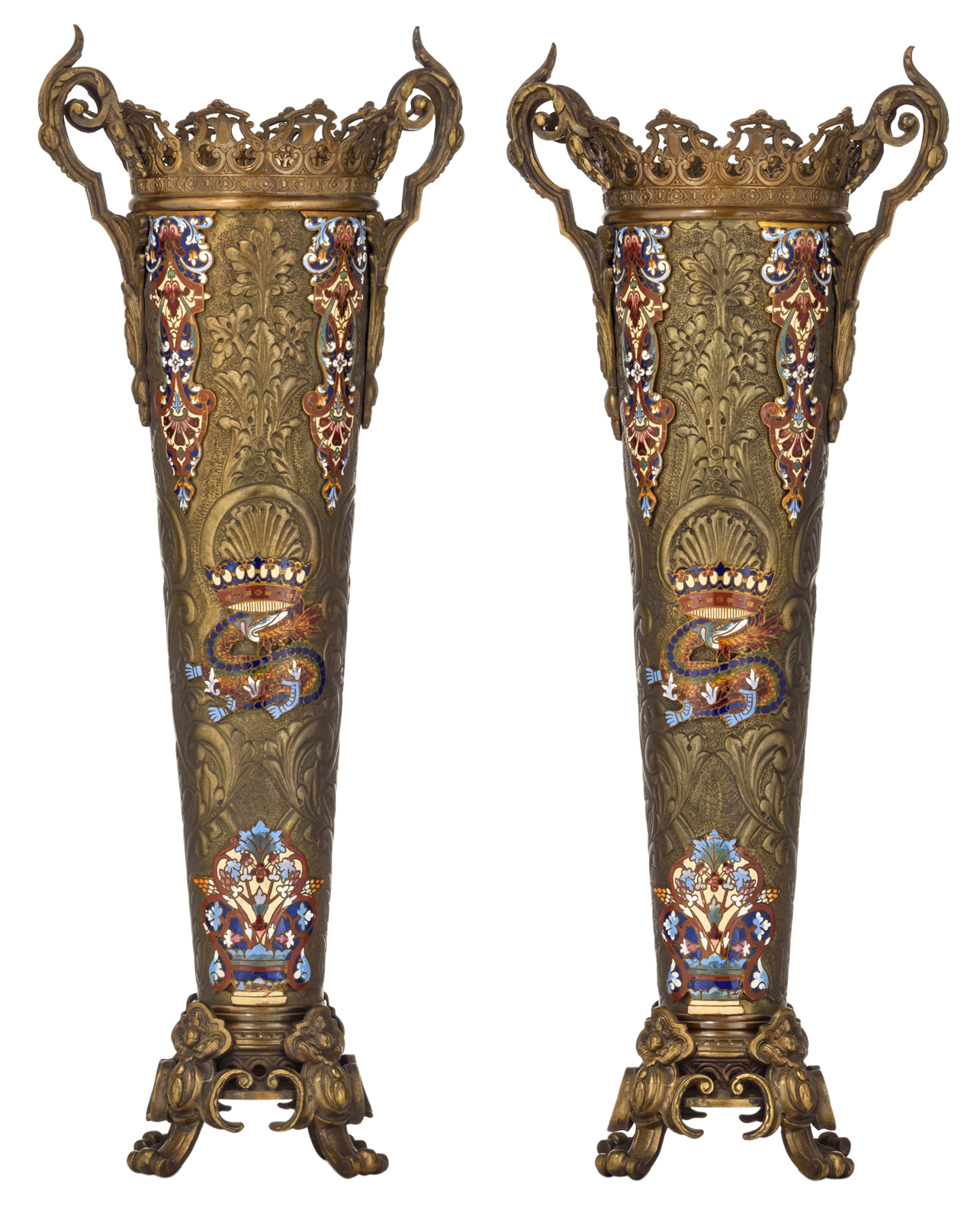 A pair of bronze Oriental-inspired champlevé vases, 19thC, H 56,5 cm