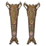 A pair of bronze Oriental-inspired champlevé vases, 19thC, H 56,5 cm