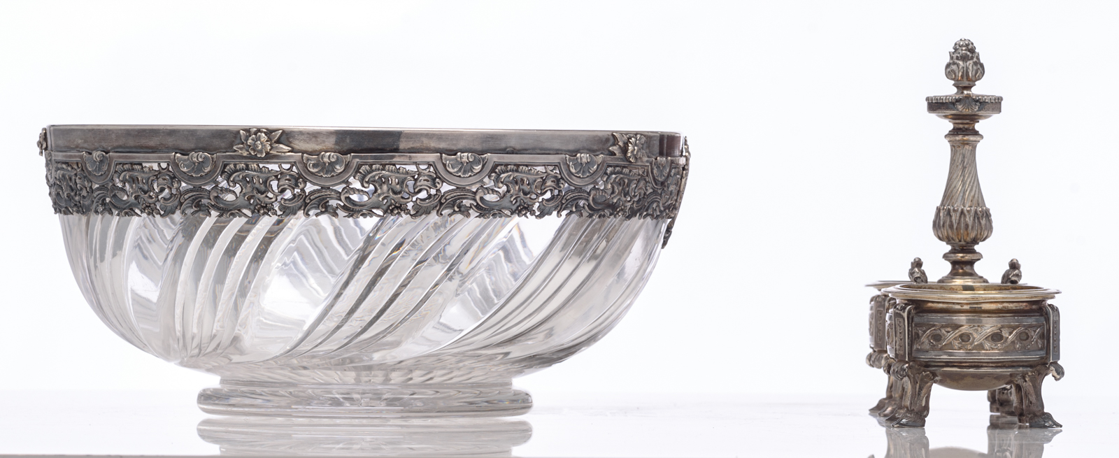 A crystal bowl with a Rococo Revival silver mount, indistinctly hallmarked, makers mark J.M.; added: - Image 3 of 18