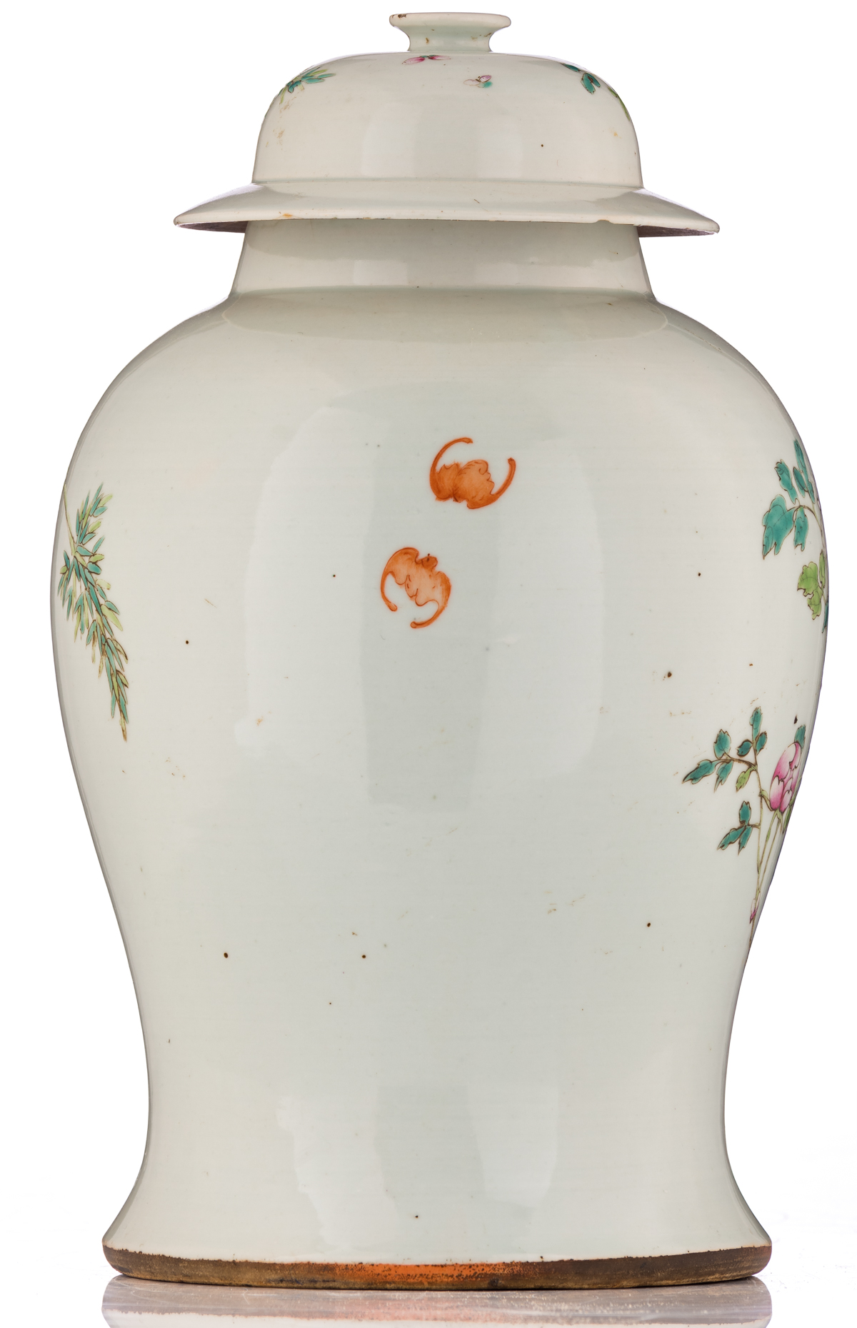 A Chinese famille rose vase and cover, decorated with flowers, flower branches and bats, with a four - Image 3 of 9