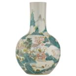 A Chinese polychrome bottle vase, decorated with figures in a river landscape, marked, H 41,5 cm