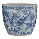 A Chinese blue and white Ming type cachepot, floral decorated with deer in a mountainous landscape,