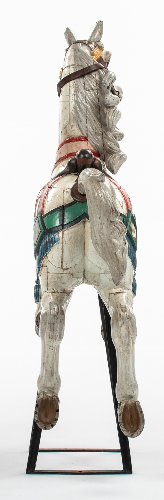 A polychrome painted carousel horse, with glass and silver foil inlay, mounted on a later period wro - Bild 5 aus 5