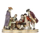 A large polychrome painted Saxony porcelain group, titled 'Le peintre Guardi offrant en vente ses ta