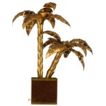 A vintage brass Maison Jansen palm tree lamp on a with upholstered velvet base, H 95 cm