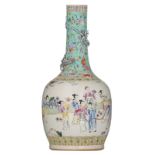 A Chinese famille rose and turquoise ground relief bottle vase, all-over decorated with figures and