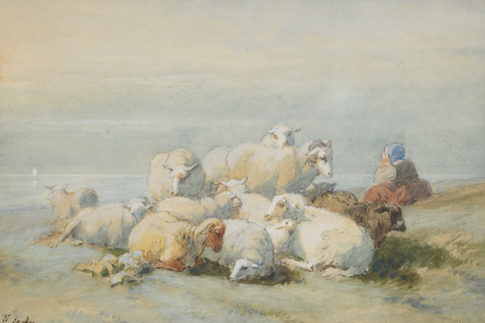 Monogrammed E.T. (Edmond Tschaggeny), a shepherdess with her resting flock of sheep, dated 29.3.1852