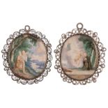 Two 18thC oval-shaped miniature devotional medallions, one portraying St. Barbara, the other one por