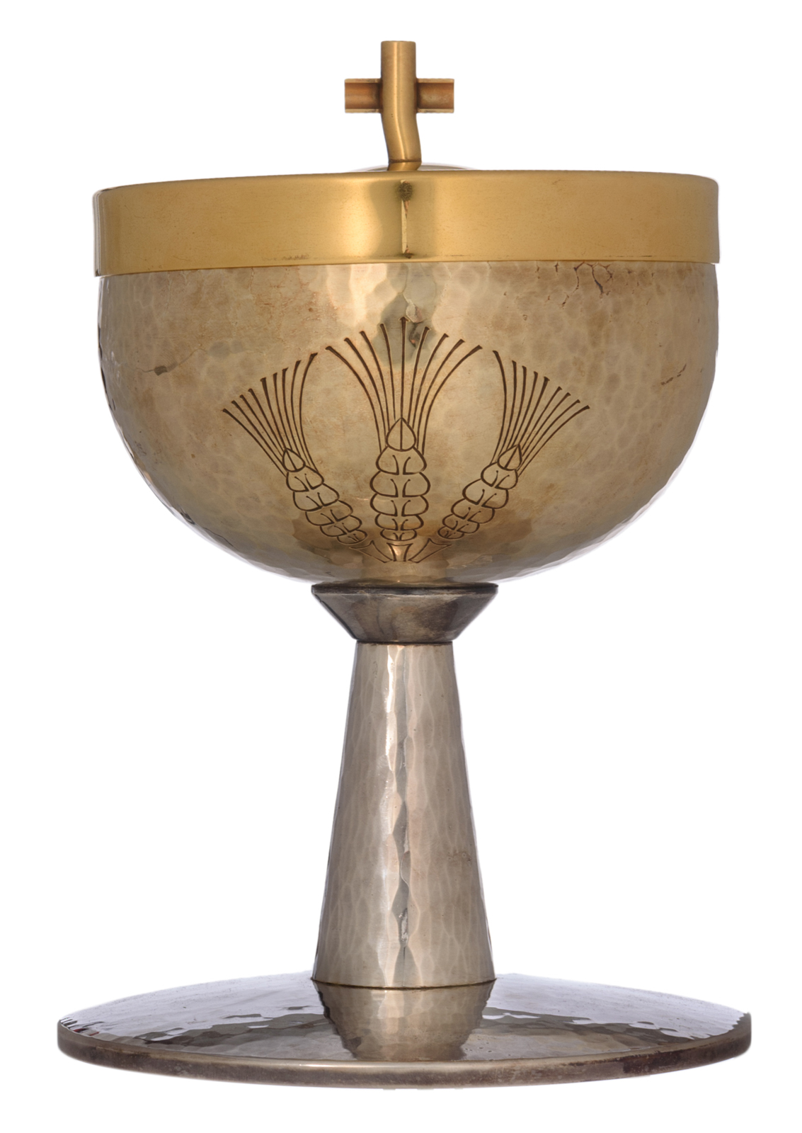 A 1950s silver and gilt silver chalice and cover, with the matching spoon, marked Durieu, Kain, tota