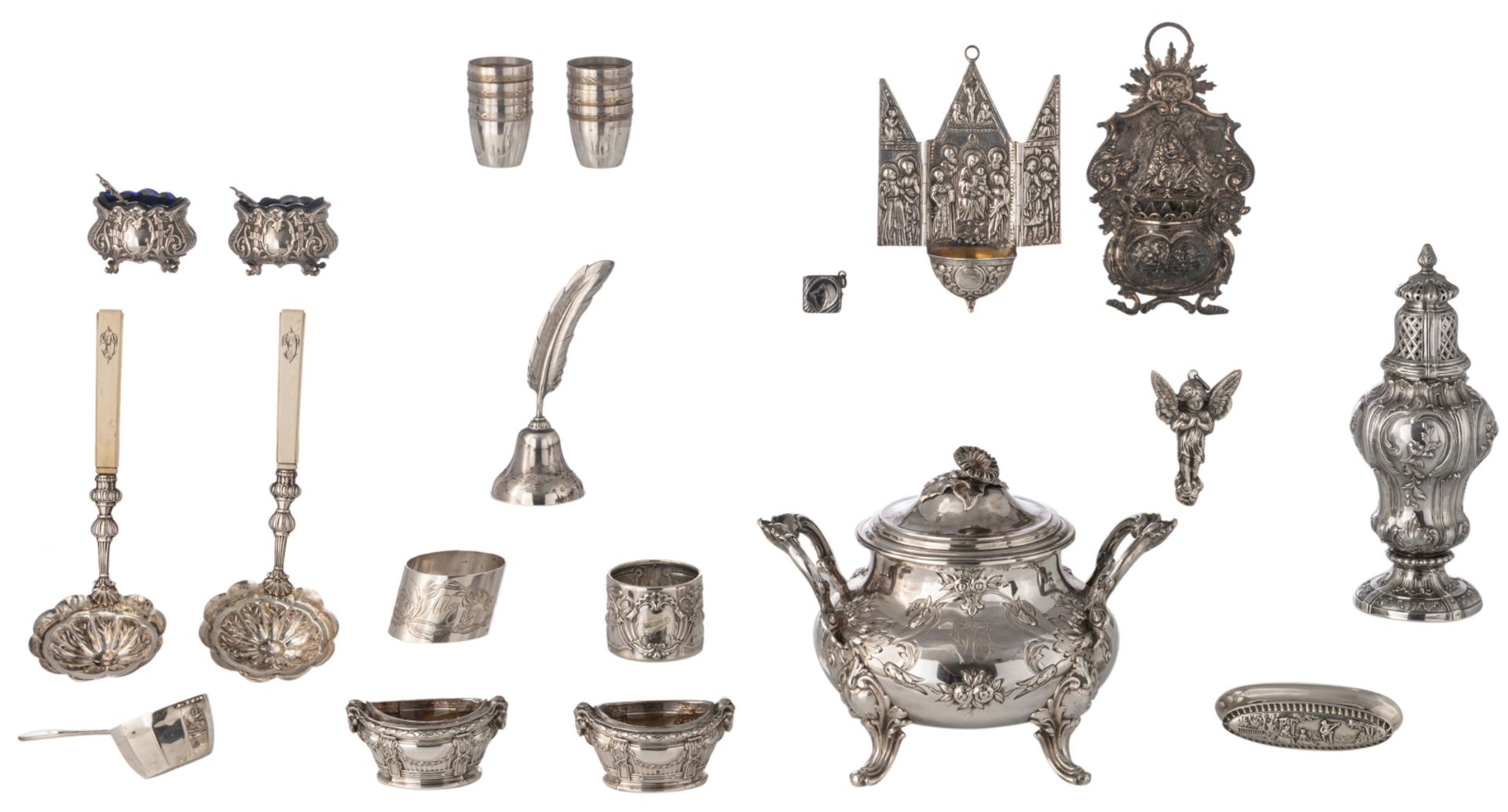 A French silver Rococo Revival sugar pot, a ditto caster and two sifting laddles with monogrammed iv