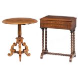An English late Victorian sycamore, tilt top tripod table, decorated with marquetry and mother-of-pe