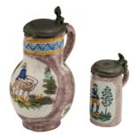 A manganese glazed Brussels pottery jar and a demi-litre jar, polychrome decorated with a butcher an