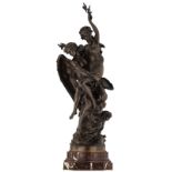 Moreau Math., an angel carrying a nymph, patinated bronze on a rouge Napoleon marble base with gilt
