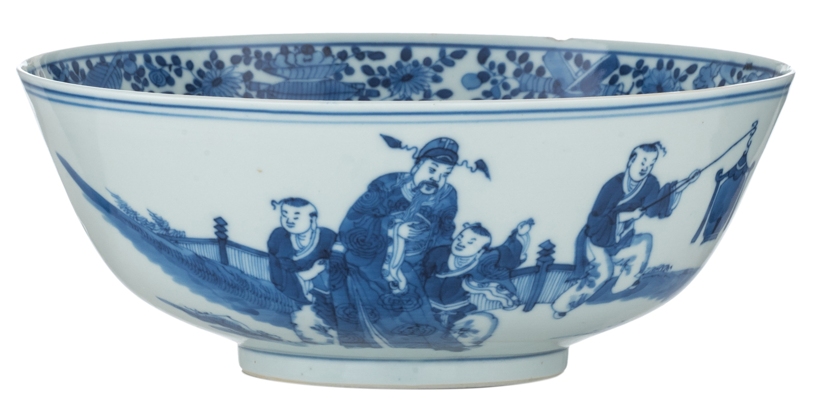 A Chinese blue and white bowl, inside and outside decorated with figures and auspicious symbols, mar