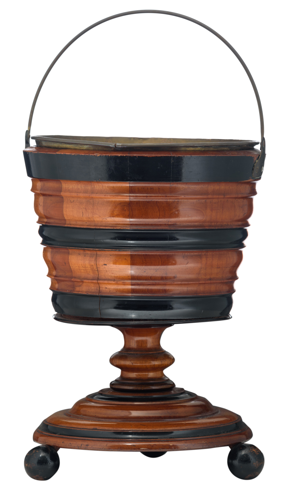 A Dutch mahogany and ebonised plant stand on three ball feet, mid 19thC, H 40 - ø 30 cm