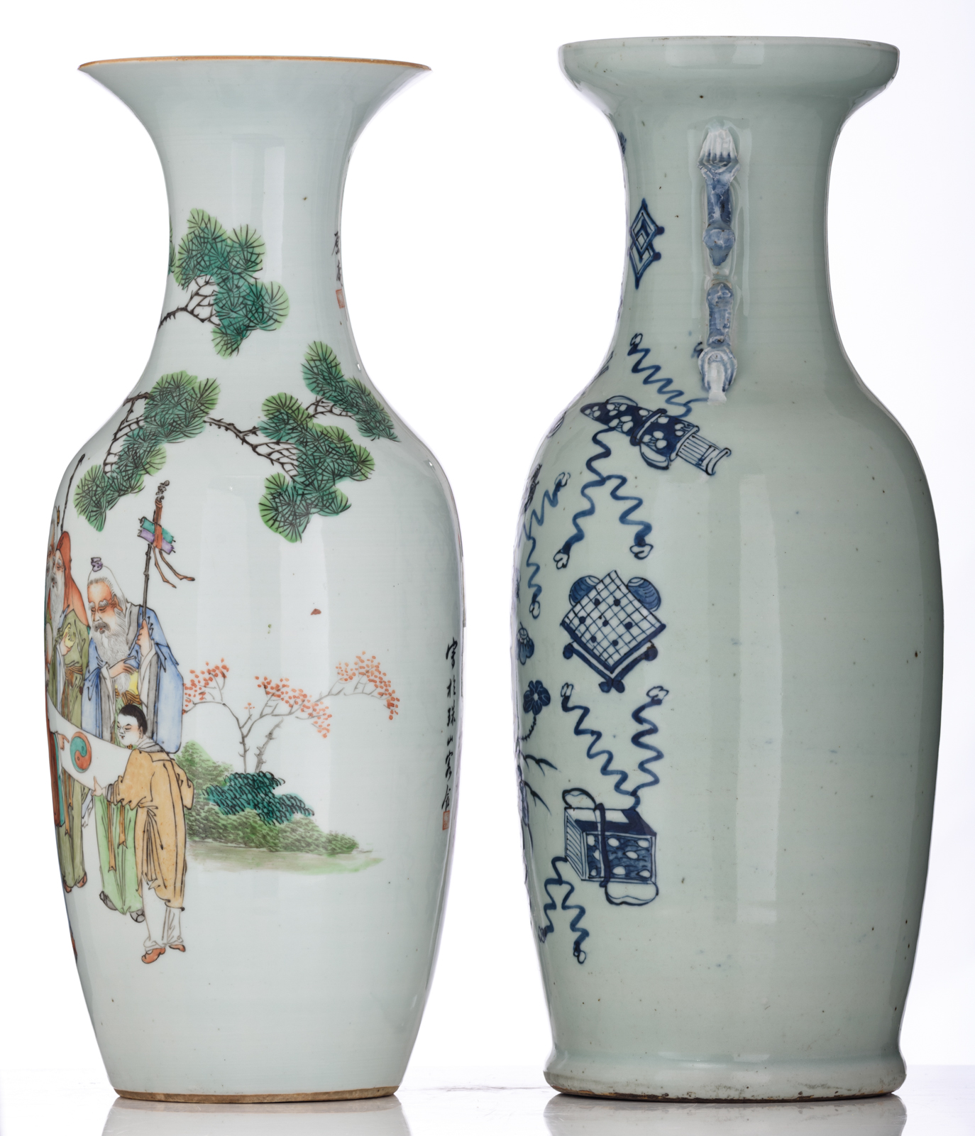 A Chinese celadon ground blue and white vase, decorated with auspicious symbols; added a ditto polyc - Image 2 of 6