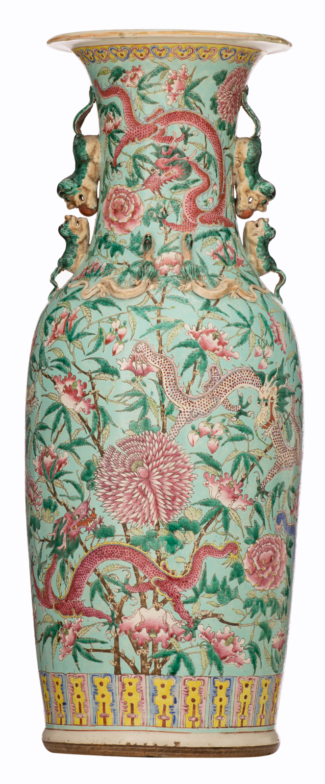 A  large Chinese turquoise ground and polychrome vase, decorated with dragons and flowers, 19thC, H - Image 3 of 6