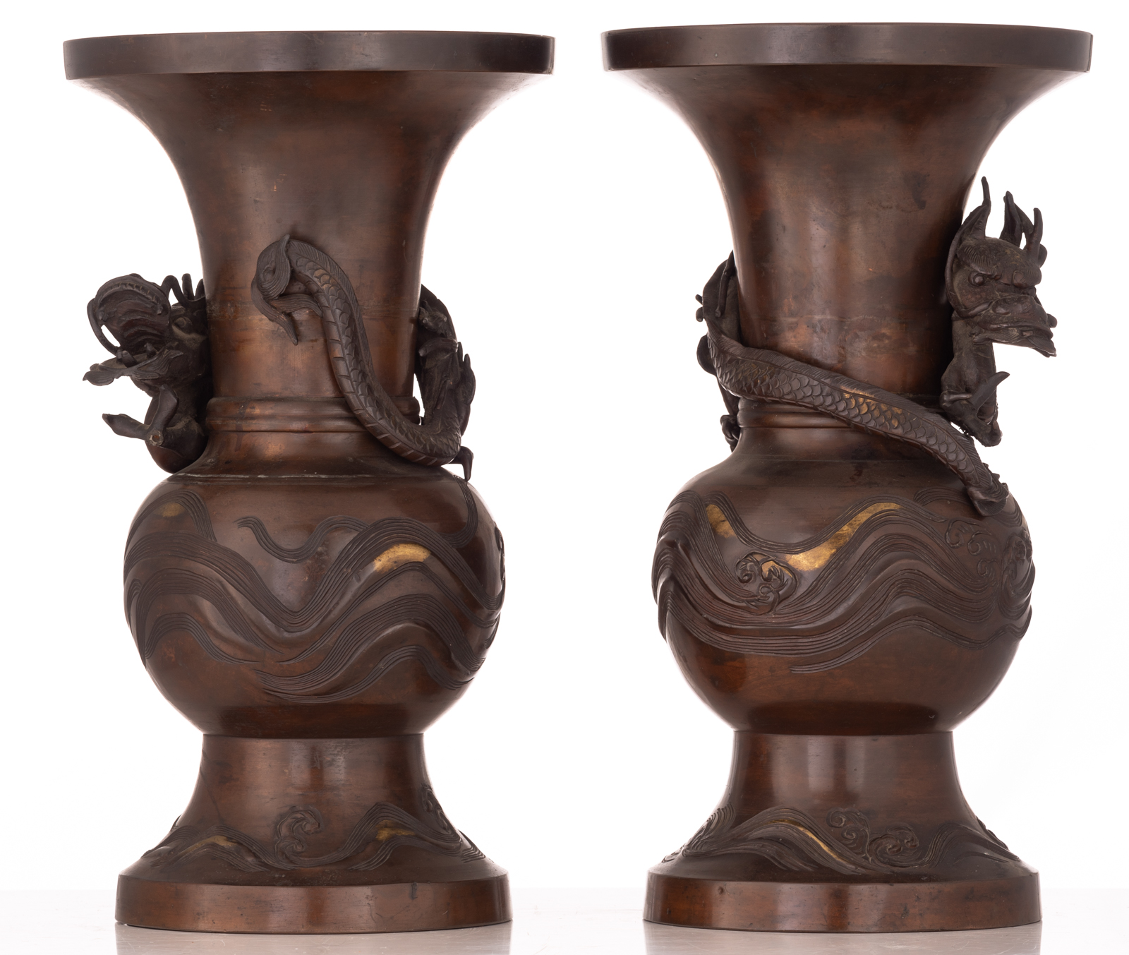 A pair of Oriental bronze vases, relief decorated with a dragon, turning around the neck, H 46 cm - Image 4 of 6