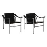 Two 'LC1 Basculant' chairs by Le Corbusier for Cassina, steel tube frame, black tanned cowskin and l